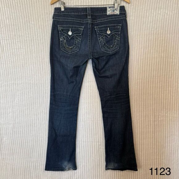 True Religion Jeans Womens Sz 28 Bootcut Denim Rhinestones Flap Pockets Y2K - Picture 1 of 13